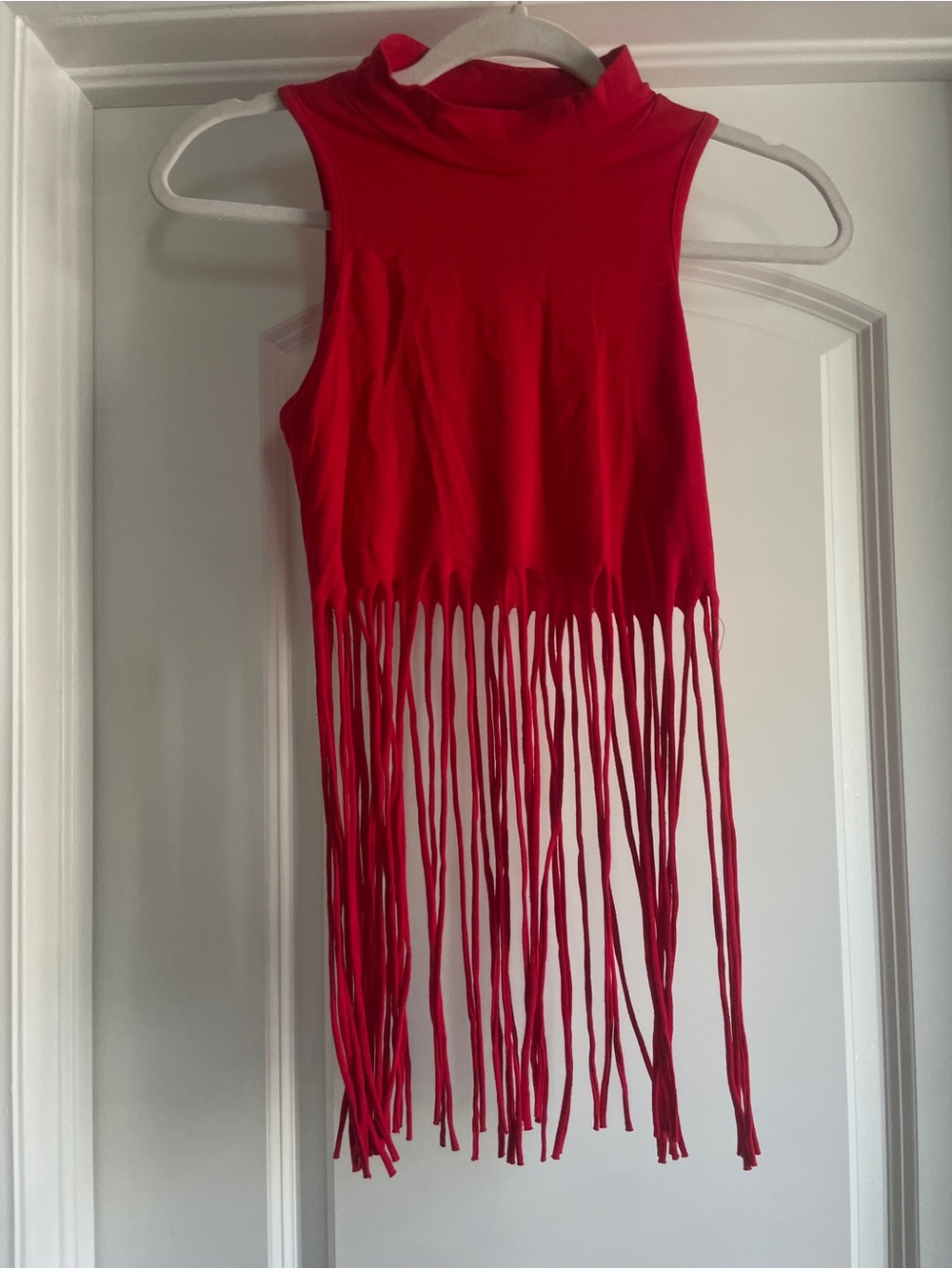 Charlotte Russe Red Fringe Sleeveless Crop Top High Neck Festival Y2K Size XS